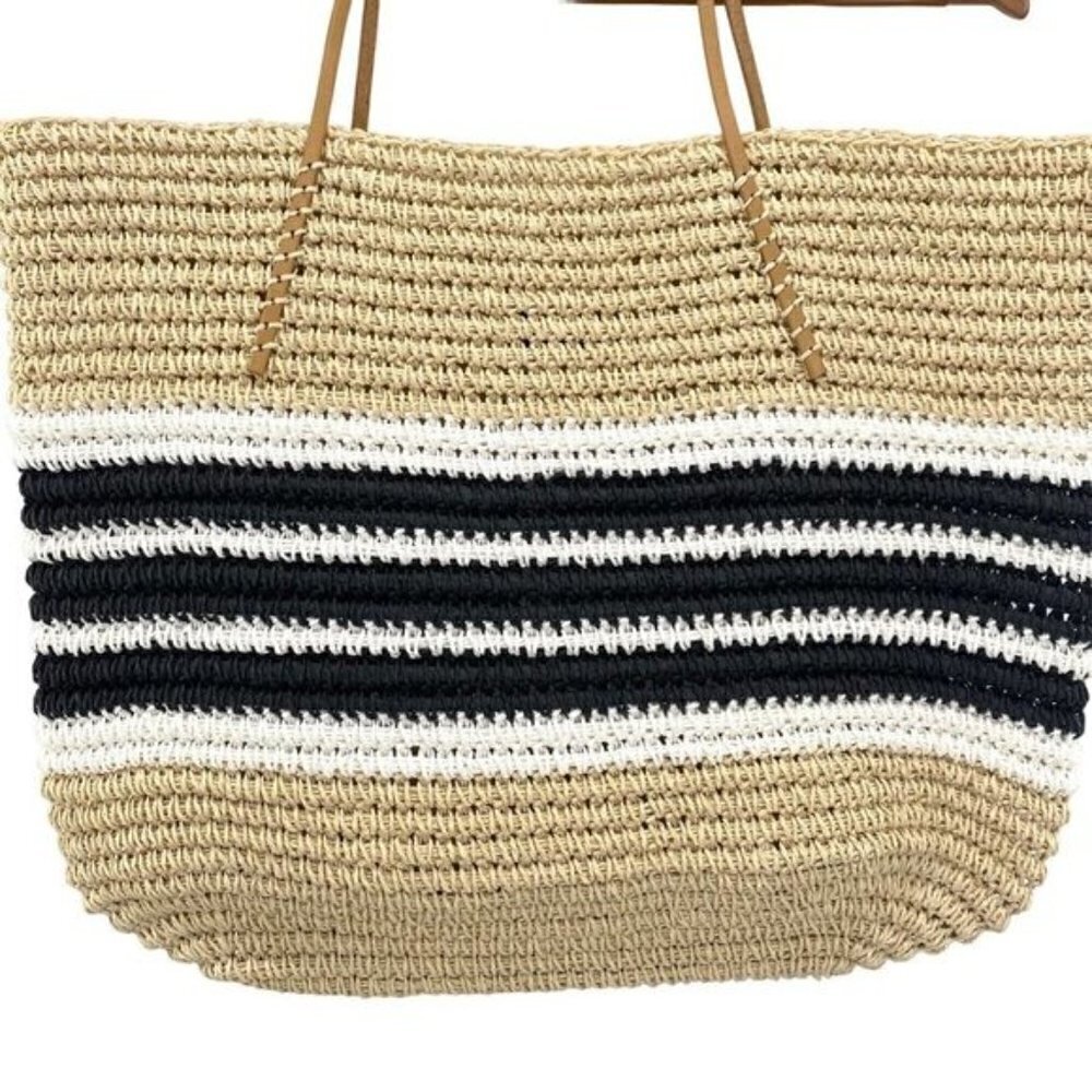 Aqua Trio Striped Straw Woven Tote Bag New - Picture 2 of 13